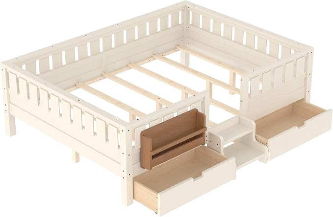 Bellemave Queen Size Montessori Bed with Slats and Stairs, Queen Size Platform Bed Frame with Fence, Bookshelf and Storage Drawers, Low Profile Beds Beds for Girls, Boys, Beige