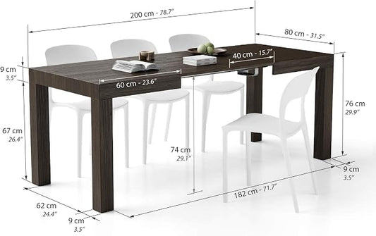 Mobili Fiver, First Extendable Table, 47.2(78.7) x31.5 in, Dark Walnut, for 6-8 People, Expandable Dining Table for Kitchen, Living Room, Italian Furniture