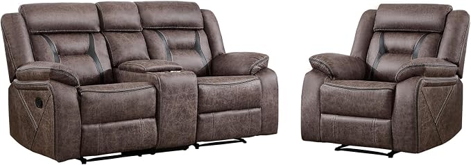 EBELLO Manual Recliner Sofa Set, Faux Leather Reclining Living Room Furniture Set, Included Single Recliner Chair and Manual Loveseat Sofa, Grey