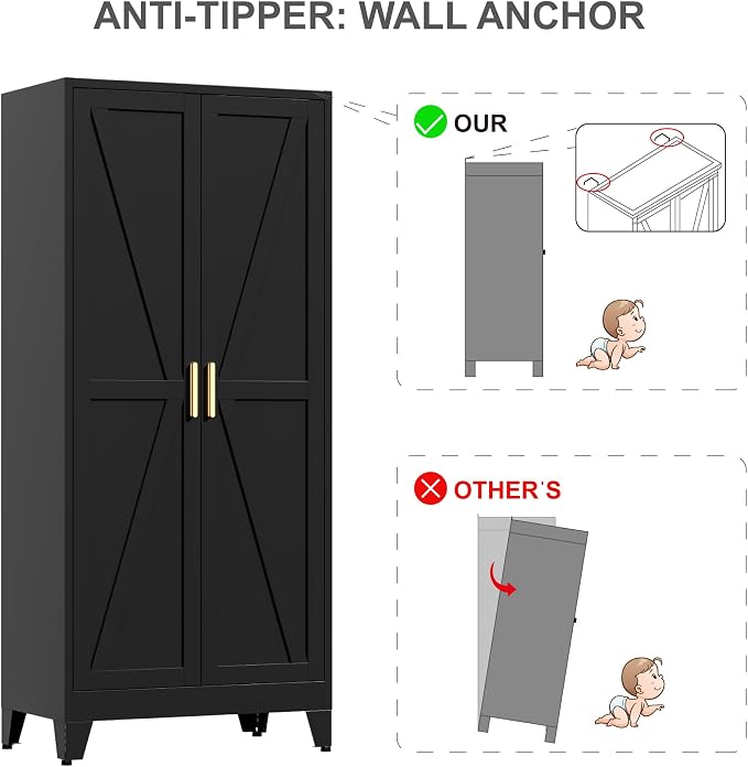 LCAOPC 71" Tall Metal Wardrobe Closet with Adjustable Shelves and Hanging Rod, 2 Doors Office Storage Locker Cabinet for Home, Office, Bedroom, Laundry Room, Black