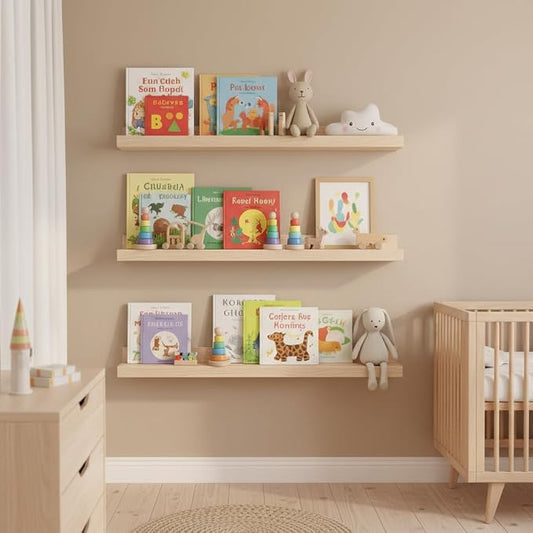 MBYD 36 Inch Natural Wood Floating Picture Ledge Shelf, Wall Mounted Nursery Bookshelf for Kids Books, Vinyl Records & Photo Display, Rustic Farmhouse Wall Decor for Bedroom, Living Room & Nursery