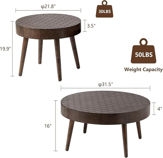 COSIEST Round Coffee Table Set of 2, Nesting Tables with Honeycomb Pattern, Modern End Table for Living Room, Farmhouse, Brown