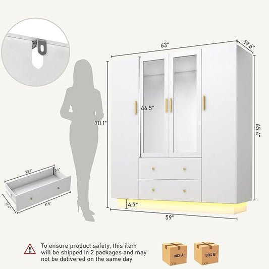 jiteentarou 4 Door Wardrobe Closet with Mirrors and LED Lights, Bedroom Armoire with Drawers and Shelves, Modern Wooden Armoire Wardrobe Closet with Hanging Rod for Bedroom, White