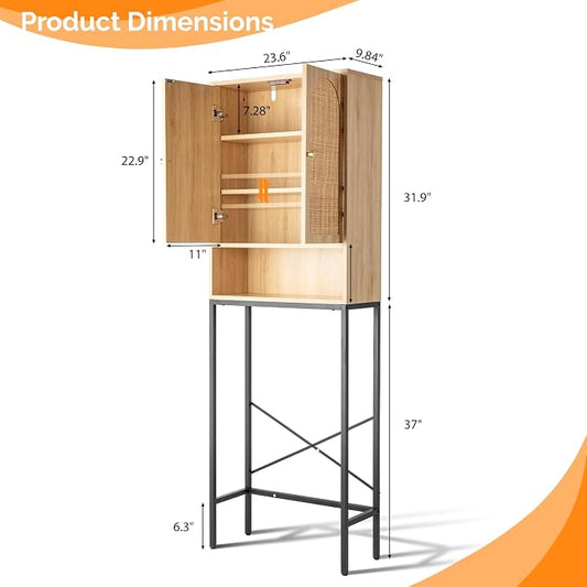 VINGLI Over The Toilet Storage Cabinet, Rattan Bathroom Organizer Behind Toilet,Above Metal Stand Rack Tall Freestanding Wood Cabinet with Wicker Doors,Adjustable Shelf for Bathroom,Restroom,Bohemian