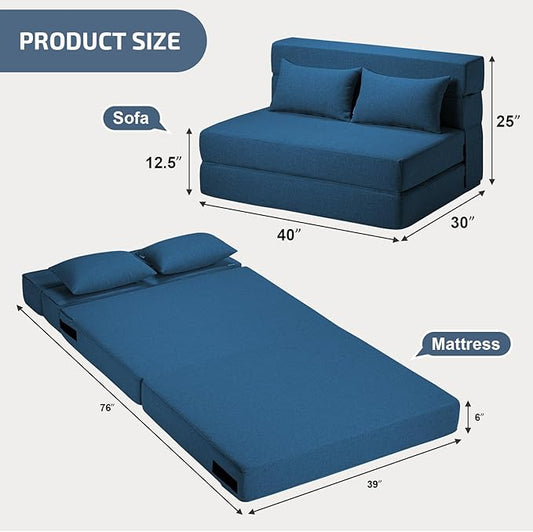 SUYOLS Folding Sofa Bed with Pillow- Convertible Chair Floor Couch & Sleeping Mattress, Foldable Memory Foam Sleeper for Living Room/Dorm/Guest Room/Home Office/Apartment/Loft,Twin,Navy Blue