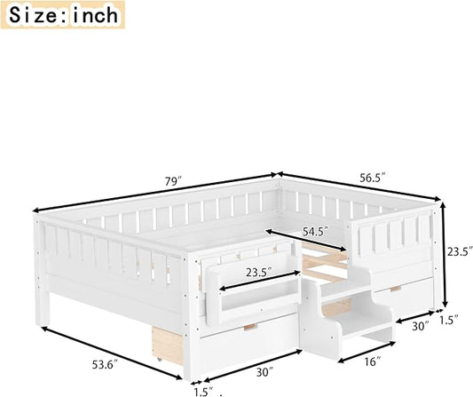 Bellemave Full Size Bed with Slats and Stairs, Full Size Platform Bed Frame with Fence, Bookshelf and Storage Drawers, Easy Assemble Beds for Kids, Girls, Boys, White