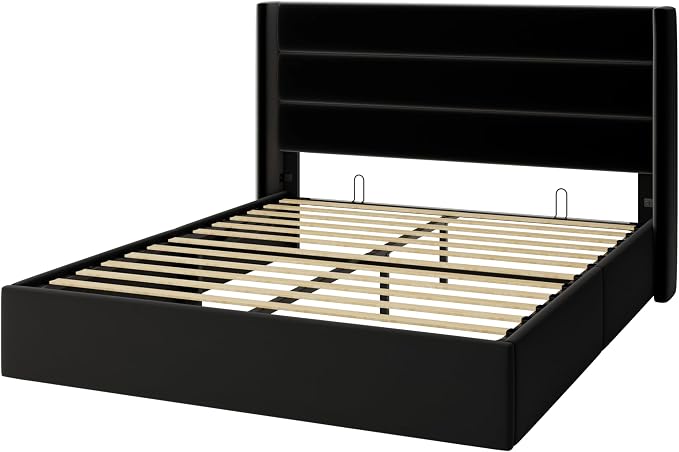 Allewie Queen Size Velvet Lift Up Storage Bed, Modern Wingback Headboard, Hydraulic Support, No Box Spring Needed, Black
