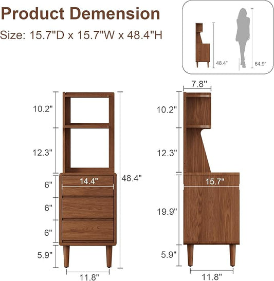 Solid Wood Bookshelf with Drawers,Narrow bookcase with Storage Shelves,Tall Nightstand with Drawers,Mid Century Modern Nightstand,Open Shelf Bookcase,Small Book Shelf for Bedroom,Living Room,Offices