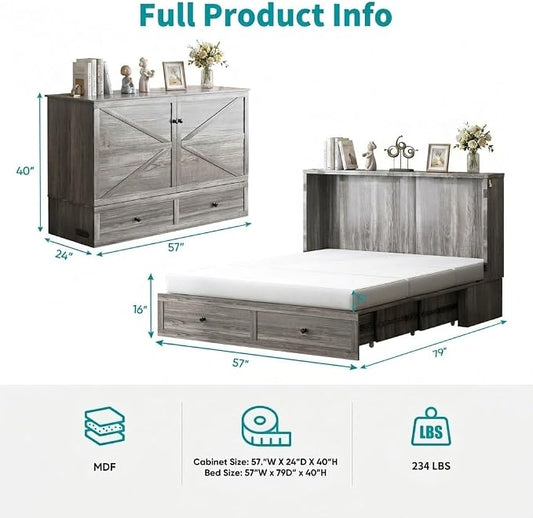 BALUS 57" Width Murphy Bed with Mattress, Full Size Cabinet Bed Frame with USB Charging Station & Large Storage Drawer, Full Murphy Bed, Cabinet Beds for Bedroom/Guest, Dark Grey