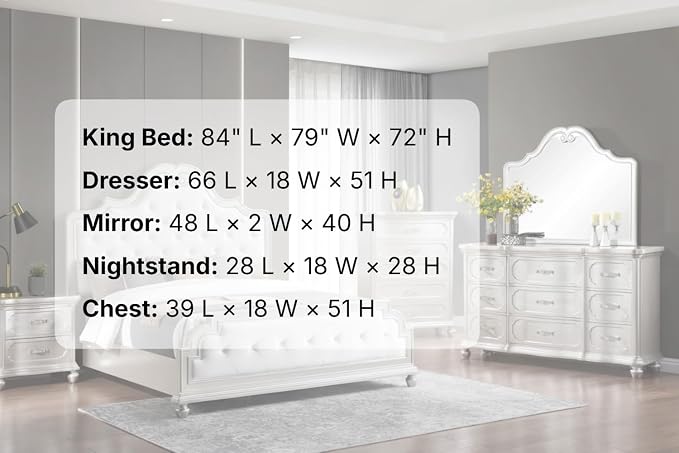 First of a Kind Roma Silver Finish Traditional 5 Piece King Bedroom Set with Upholstered Tufted Headboard Classic European Style Coordinated Furniture Collection