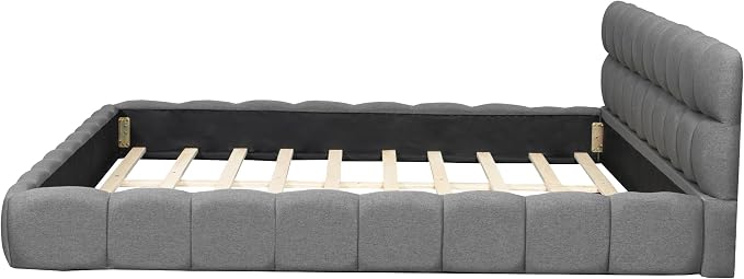 King Size Upholstered Platform Bed with Thick Fabric,Low Wood Grounded Bed W/Headboard & Footboard,Slat Support,No Box Spring Needed, Easy Assemble,Gray