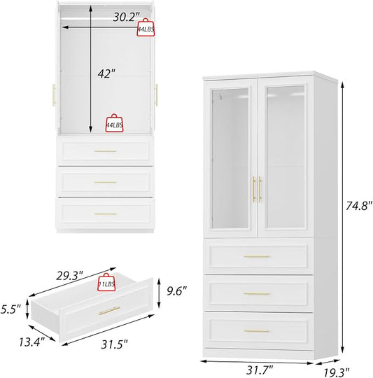 WOODTIME Wardrobe Closet with Hanging Rod, 3 Framed Drawers & 2 Glass Doors, Modern Wooden Armoire, Clothes Storage Cabinet Organizer for Bedroom Apartment, White