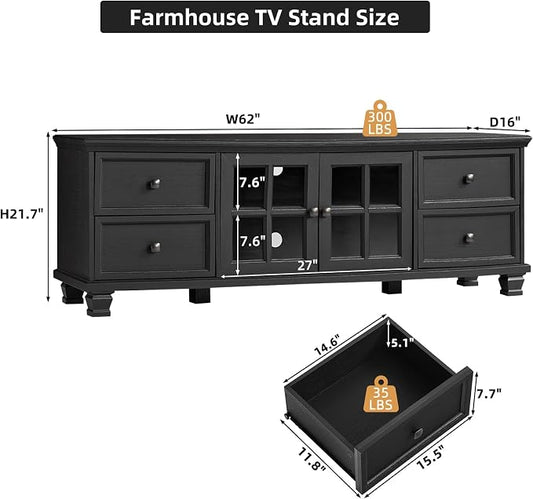 SAVOR LIFE Farmhouse TV Stand for Living Room, Rustic Black Entertainment Center with Storage Cabinet,Wood TV Console with 4 Drawers,Modern TV Stands for Bedroom,Black