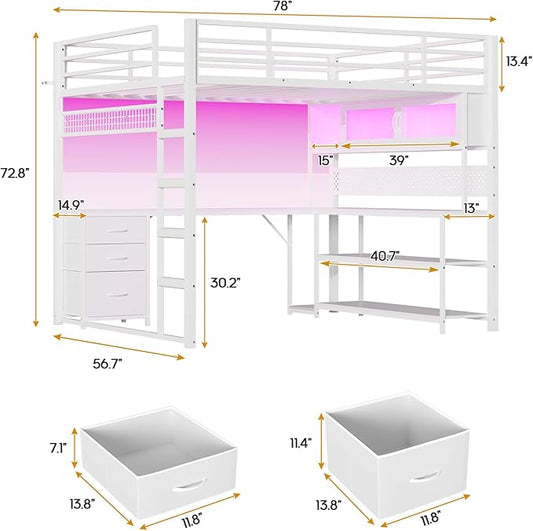 ADORNEVE Loft Bed Full Size with L-Shaped Gaming Desk, Arcylic RGB Hutch & Safety Charging Station, Metal Loft Bed with Storage Drawer, Safety Guardrail & Ladder, Space Saving for Teen Girls, White
