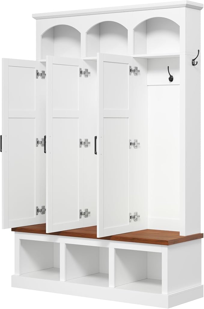 Merax Classic Arched Hall Tree with 3 Hidden Storage, Farmhouse Mudroom Bench with 5 Hooks, Mid-Century Entryway Organizer for Shoes, White
