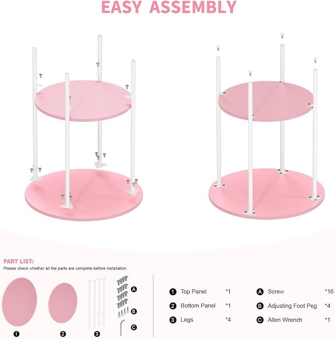 Side Table,Round End Table with 2 Storage Shelves| Compact Side Tables for Living Room, Couch, Gym, Office & Bedroom | Narrow Accent Table as Space-Saving Small Bedside Table 18x18x22in(Pink)