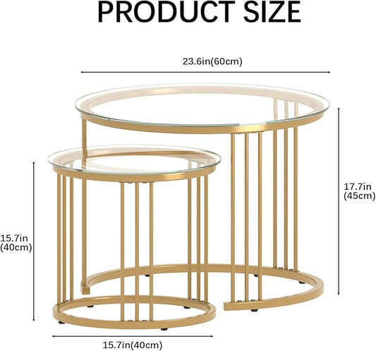 Garden 4 you Nesting Coffee Table, 23.6" Round Coffee Table Set of 2, Glass Nesting Table with Metal Frame, Ceter Tables for Living Room Bedroom Balcony, Gold