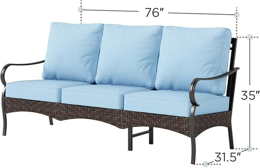 PHI VILLA Wicker & Metal Outdoor Patio Couch,3-Seat Patio Sofa with Deep Seating for Front Porch, Deck, Balcony, Backyard, Sunroom,Blue