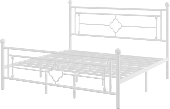 Allewie King Size Metal Platform Bed Frame with Victorian Vintage Headboard and Footboard/Mattress Foundation/Under Bed Storage/No Box Spring Needed/Noise-Free/Easy Assembly, White