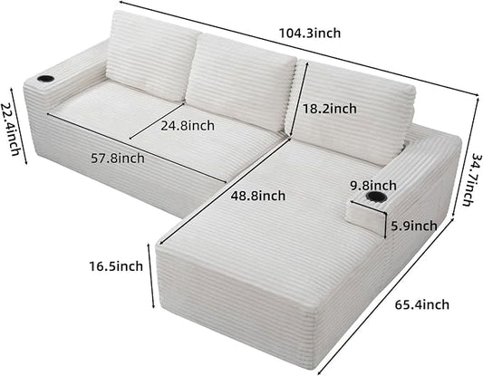 104" L Shaped Boneless Sectional Couches for Living Room, Comfy Corduroy Floor Cloud Sofa with Chaise and Cup Holder, Wide Armrest, Deep Seat, Assembly Free, Ideal for Small Spaces, Beige