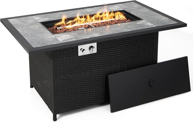 COSTWAY 52" Patio Propane Fire Pit Table, 50,000 BTU Outdoor Fire Table, Electric Pulse Ignition, Marble Tabletop & Weatherproof Rattan, Protective Cover Included, Perfect for Backyard, Poolside