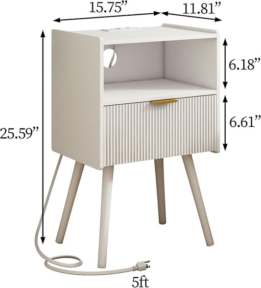 JOONEE White Nightstand with Outlet,Modern Bedside Table with Storage Drawer and Open Wood Shelf, for Living Room, Bedroom and Small Spaces, Accent Night Stand with Solid Wood Legs, Easy Assembly