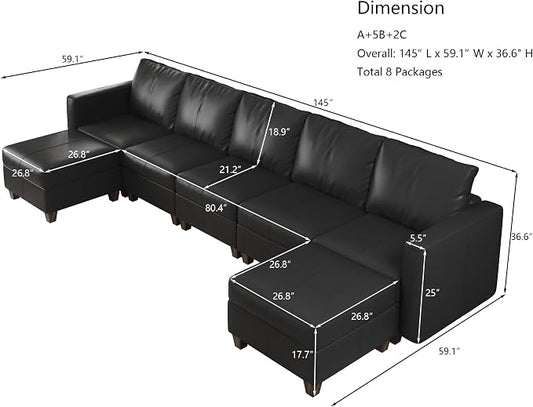 EASE MOOSE Faux Leather Sectional Couch Sofa with Storage,Faux Leather Modualr Sectional Sofa Black U Shaped Modular Couch