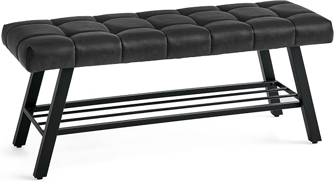 LUE BONA 45" Entryway Bench with Storage Shelf, End of Bed Bench with Tufted Faux Leather Seat, Bedroom Bench with Metal Frame, 330 LBS Capacity for Entryway, Living Room, Hallway, Black