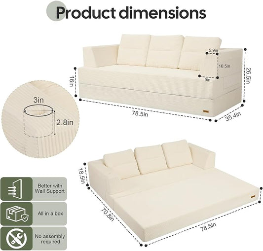 COMAX Futon Sofa Bed, Convertible Sofa Bed, Folding Boneless Couches | Boneless Couch for living room, Fold Out Small Foldable Loveseat Floor Sleeper Mattress Lounge Space‑Saving, Queen 79"
