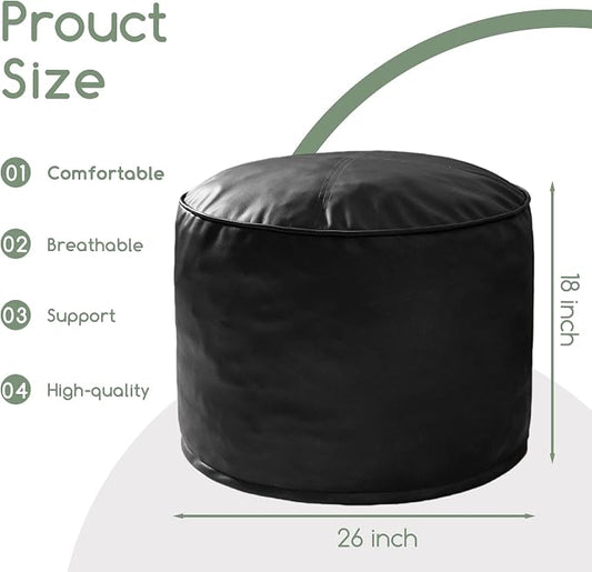 HIGOGOGO Round Stuffed Pouf Ottoman, Pu Leather Poufs with Foam Chunk Filling, Furry and Fluffy Pouf Foot Stool Storage Ottoman, 26 X 18 Floor Poufs Foot Rest for Living Room, Black