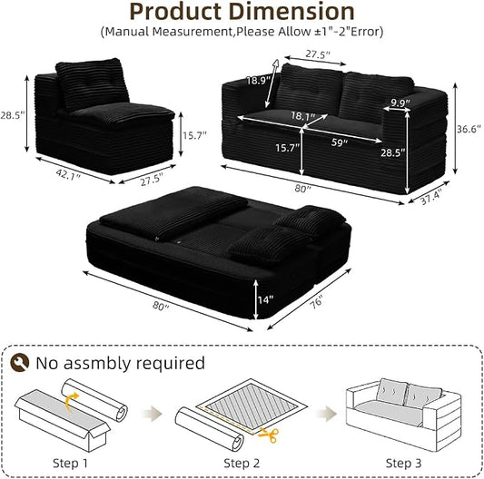 80'' Futon Sofa Bed, King Size Foldable Sleeper Sofa, Corduroy Boneless Loveseat Couch with Chaise Lounge, 3 Pillows, Blanket, Upholstered Sectional Couches for Living Room, Bedroom, Black