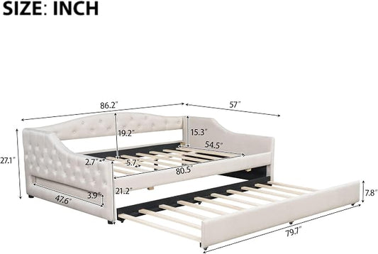 Merax Modern Upholstered Platform Bed Frame with Trundle Bed, Linen Sofa Day Bed with Headboard, No Box Spring Needed/Easy Assemble/Full XL,Beige