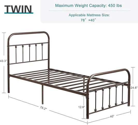 VECELO Purple Bronze Metal Bed Frame Twin Size with Vintage Headboard and Footboard, No Box Spring Needed, Premium Stable Steel Slat Support Mattress Foundation