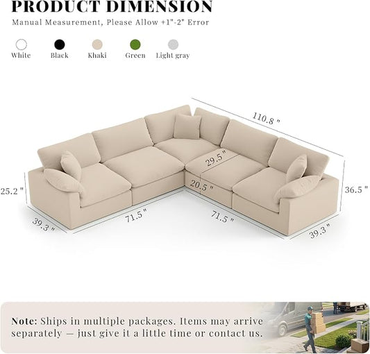 211.6" Cloud Modular Sectional Sofa,Khaki Down Filled Sofa 5 Seat,Minimalist Sofa Cover Washable and Replaceable Couches for Living Room,Sectional Sofa Deep Seat