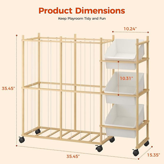Sevenblue Toy Storage Organizer with 3 Removable Bins, Kids Storage Toy Shelf Organizer for Stuffed Animal Holder for Bedroom Playroom Nursery | Wood & White