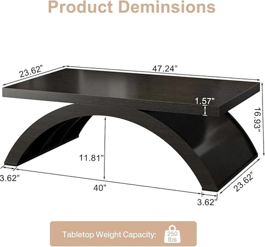 HSH 47" Modern Rectangle Wood Coffee Table for Living Room, Black Oak | Large Rectangular Center Table, Low Table with Sculptural Arched Base, 200 lb Capacity, Easy Assembly