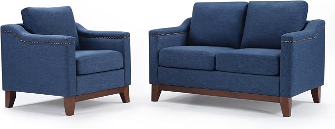 HAOMARKETS Modern 2 Piece Sofa Set with Rivets, Included Fabric Accent Chair and Upholstered Loveseat 2-Seater Couch with Solid Wood Legs, Living Room Furniture Set,Blue