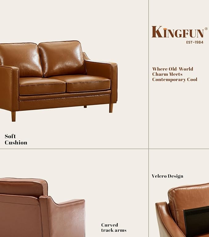 Kingfun 60" Faux Leather Sofa, Loveseat Couch, Mid Century Modern Love Seat Couches with Solid Wood Frame for Living Room Bedroom