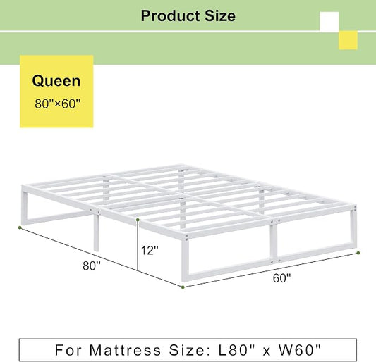 EMODA 12 Inch White Queen Bed Frame, Metal Queen Platform Bed Frame No Box Spring Needed, Heavy Duty Steel Slats Support, Easy Assembly, Noise Free