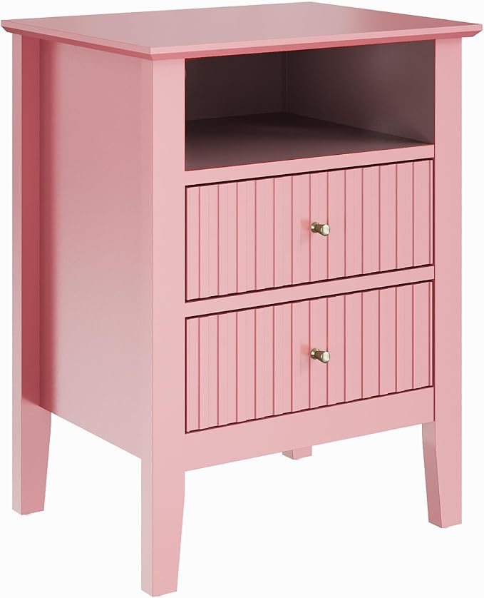 RoyalCraft Pink Fluted Nightstand Set of 2, Colorful Nightstand with 2 Drawers, Modern Wooden End Table with Storage for Small Spaces, Side Table for Bedroom, Couch, Home Office