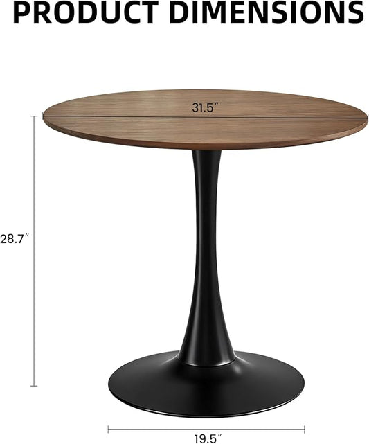 Round Dining Table, 31.5" Circle Tulip Table with Thickened Tabletop & Metal Pedestal, Mid Century Modern Bistro Table for Kitchen, Small Places, Living Room, Cafe (Faux Walnut)
