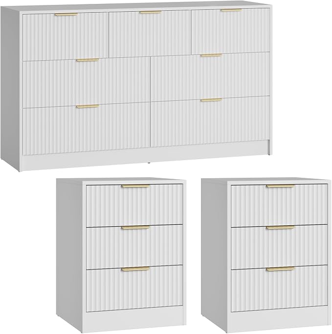 7 Drawer Dresser & Nightstand Set, 3-Piece White Fluted Dresser and Night Stand Set of 2 with Metal Handle, Modern Wood Chest of Drawers Storage Dressers Set for Bedroom, White