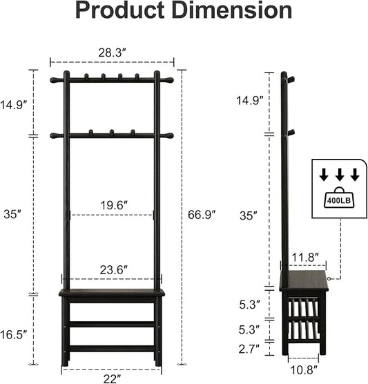 AQIMUELE Coat Rack with Shoe Storage, Narrow Wooden Hall Tree with Bench, 11 Hooks and 2-Tier Storage Shelves, 3-in-1, Entryway Bench with Coat Rack (23.6"-Black)