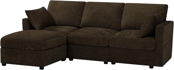 84” Chenille 3-Seats Sofa W/Movable Ottoman, Brown | Modern Fabric L-Shaped Couch w/Soft Backrests, Upholstered Sectional Sofa w/Arm Pillows for Living Room