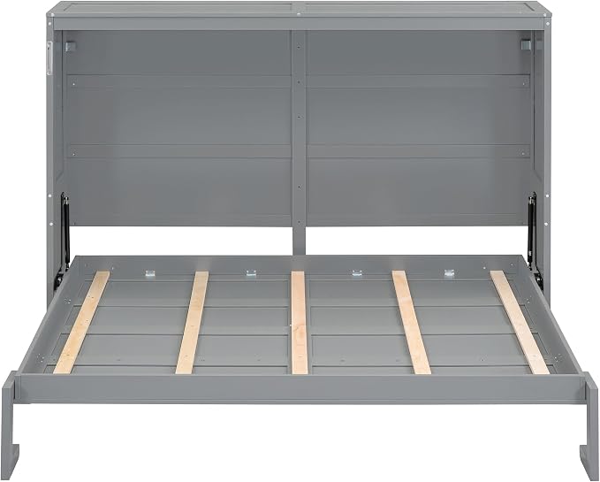 Ball & Cast Queen Size Murphy Bed,Hideaway Beds with Dual Piston Metal Folding Mechanism Designed,Wood Wall Cabinets Bedframe w/Slat Support and Storage Platform Top,Hardware Chain,for Apartment,Gray