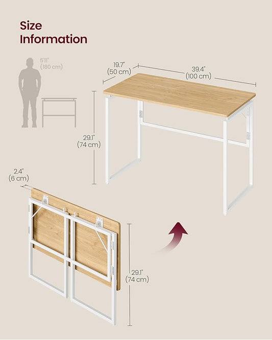 VASAGLE Folding Desk, Foldable Computer Desk, One-Piece Desktop, Rounded Edges, Small Folding Craft Table for Bedroom, Balcony, Camping, Easy Assembly, 39.4 x 19.7 Inches, Straw Yellow ULWD152YD01