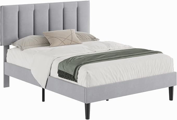 VECELO Full Size Bed Frame with Upholstered Headboard, Heavy-Duty Bedframe with Strong Wooden Slats Support, No Boxing Spring Needed, Light Grey