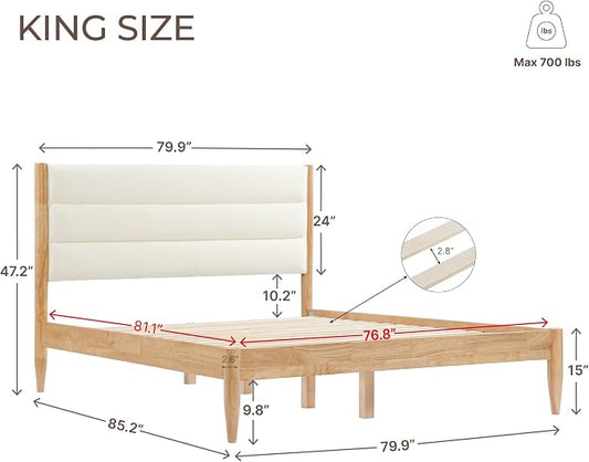 KISLOT Wood Bed Frame with Upholstered Headboard Wooden Platform with Silent Slat Support Mattress Foundation No Box Spring Needed, Easy Assembly
