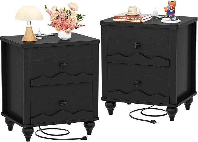 Cyclysio Black Nightstand with Charging Station Set of 2, Scalloped Bedside Table with 2 Smooth Drawers, Modern End Table with Solid Wood Legs for Bedroom and Small Spaces