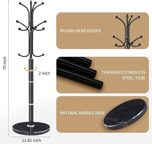 Metal Coat Rack Stand, Modern Freestanding Coat Rack with Natural Marble Base, Black Coat Racks and Coat Hall Tree Hanger Stand with 12 Hooks for Entryway, Hallway, Office